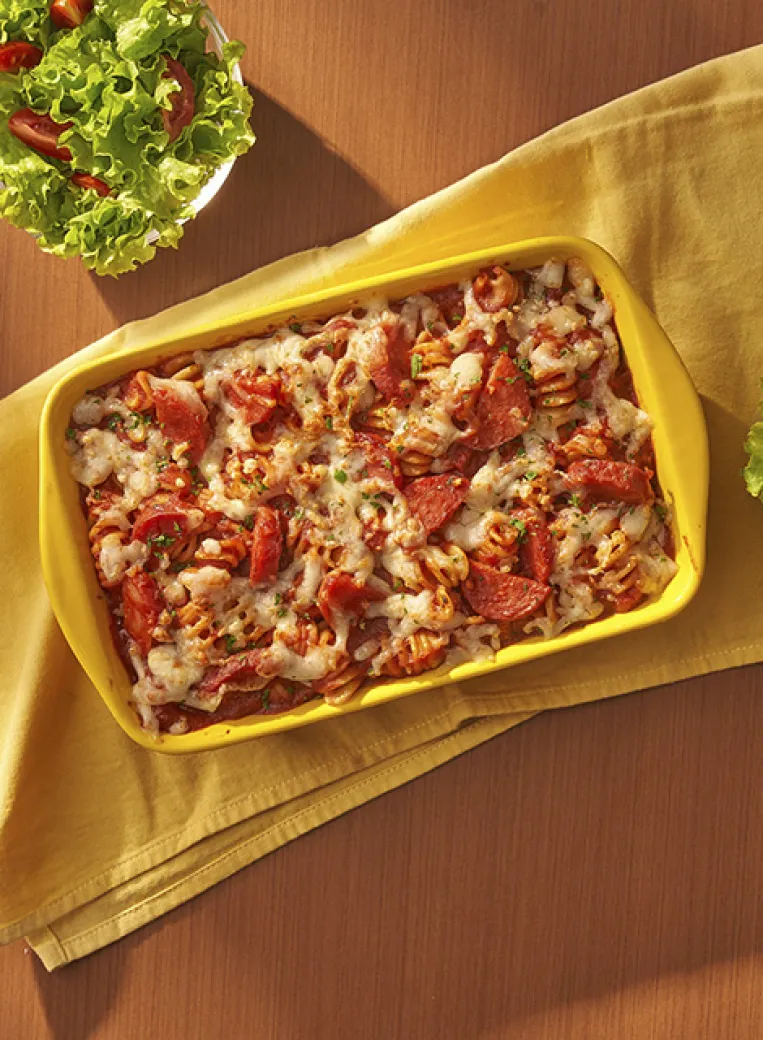 Macarrão Parafuso Gratinado com Linguiça Calabresa